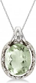 Allurez Oval Green Amethyst & Diamond Pendant Necklace 14k White Gold (3.00ct)