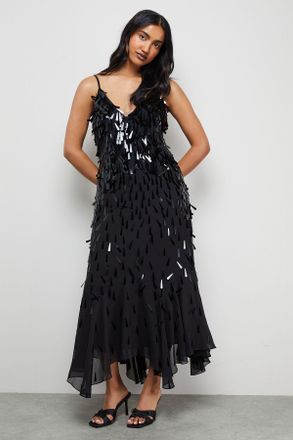 Warehouse Womens Premium Teardrop Embellished Bias Cut Midi Dress - Black - Size 10 UK