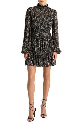 Monique Lhuillier Floral Long Sleeve Minidress in Jet Field Of Ditzies at Nordstrom, Size 4