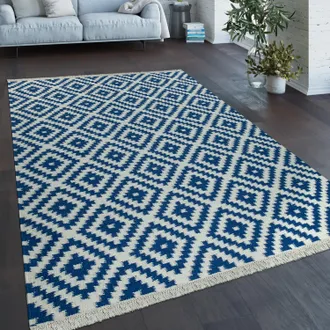 Paco Home Paco Home - Alfombra Tejida A Mano De Moda Con Flecos Dise&ntilde;o Marroqu&iacute; Moderno En Azul Blanco 240x340 Cm