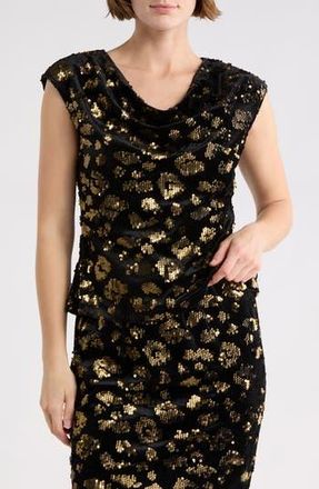 T Tahari Cowl Neck Cap Sleeve Sequin Top in Black/Gold Sequins at Nordstrom Rack, Size X-Small