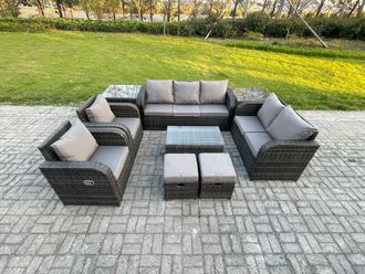 Fimous Patio Garden Furniture Sets Wicker 9 Seater Outdoor Rattan Furniture Sofa Sets with Rectangular Coffee Table Loveseat Sofa in Dark Grey