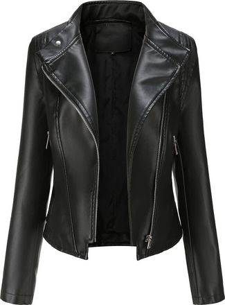 Dissa Womens Black Stylish Faux Leather Jacket Lapel Zipper Slim Short Biker Jacket,XL,C5087N