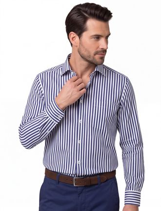 Eterna katoenen Eterna overhemd donkerblauw wijde fit gestreept
