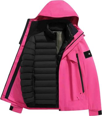 Generic Mens 3 in 1 Ski Snow Jacket Winter Warm Quilted Puffer Liner Windbreaker Jackets Windproof Hooded Insulated Coats Pink