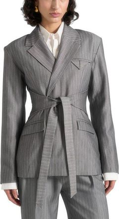 Mani&egrave;re De Voir Delphine Pinstripe Wrap Tie Blazer in Grey at Nordstrom, Size 12