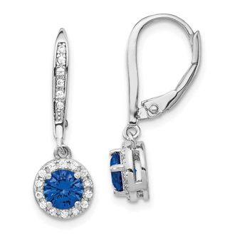 Diamond2Deal Sterling Silver Rhodium-plated Lab Created Dark Blue Spinel and White CZ Halo Drop Dangle Earrings