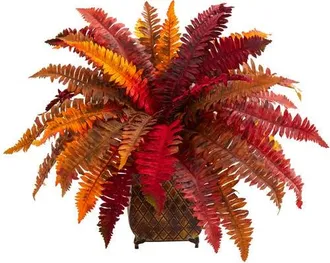 Nearly Natural Autumn Boston Fern Artificial Plant in Metal Planter in Red/orange at Nordstrom