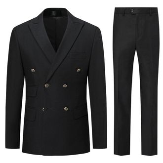 AlltheMen Mens 2 Piece Double Breasted Suits Business Slim Fit Suit Formal Suit Jackets Trousers Black M