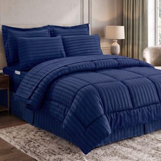 Elegant Comfort 8-Piece Dobby Stripe Comforter Set - Includes 4-Piece Sheet Set with Double Sided Storage Pockets