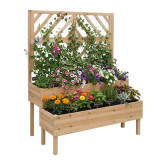 Relaxdays Relaxdays Jardinera Con Enrejado 135 X 109 X 62 Cm, Madera, 2 Maceteros, Cortavistas, Huerto Elevado, Natural