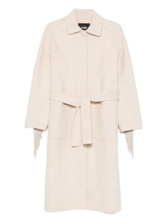 Maje fringe-trimmed belted single-breasted coat - women - Fabric - 38 - Neutrals