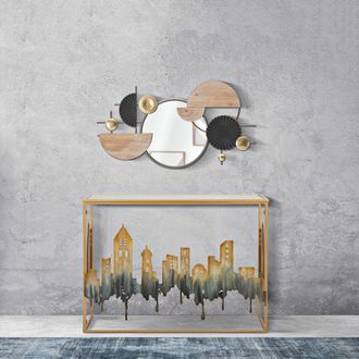 Dmora Consola Elda, Un Estante, Superficie Con Perfil De Ciudad, Estructura De Vidrio, 110x39x81h Cm Dorado