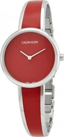 Calvin Klein Rood Dial Quartz Horloge met Stalen Armband - Dames - Horloges - Rood - ONE Size - Accessoires