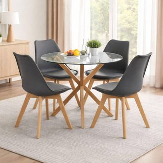 Kosy Koala Round Glass Dining Table Set With 4 grey plastic Chairs Furniture