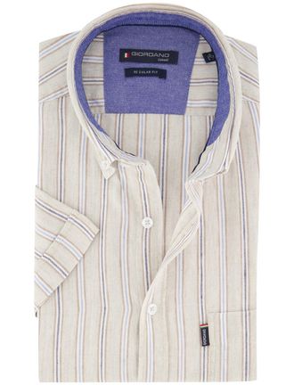 Giordano Beige gestreept korte mouw Giordano Regular Fit overhemd
