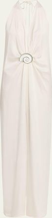 Silvia Tcherassi Rowan Gathered Satin Plunging Halter Maxi Dress
