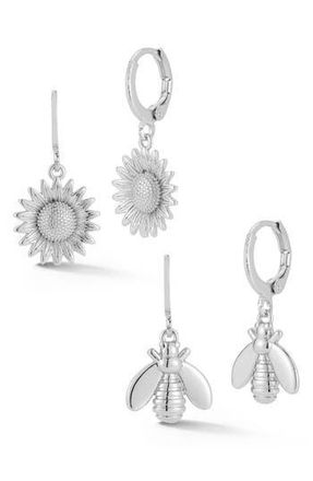 Glaze Jewelry Set of 2 Bee & Sunflower Drop Huggie Hoop Earrings in Silver at Nordstrom Rack