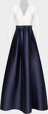 Kay Unger Phoebe 3/4-Sleeve Collared Poplin A-Line Gown