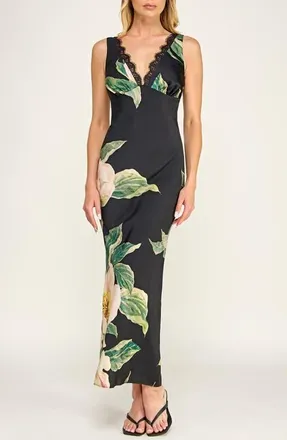 Socialite Bias Cut Floral Satin Dress in Black Green at Nordstrom, Size X-Small