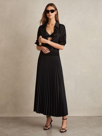 Reiss Black Pleated Midi Skirt, 10