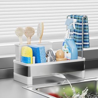 OEM Soporte Para Esponjas De Fregadero De Cocina, Organizador De Fregadero De Acero Inoxidable, Estante De Almacenamiento Para Fregadero Con Bandeja De Dr