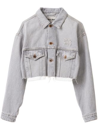 Miu Miu logo-appliqué cropped denim jacket - Grey