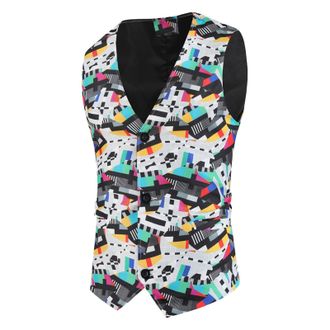 Generic Mens Suit Vest, Colourful Waistcoats for Men Printed Suit Vest V Neck Button Down Gilet Plus Size Dress Vest Lightweight Sleveeless Jackets Single Bre