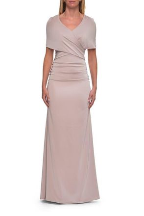 La Femme Jersey Gown with Draped Bodice and Short Sleeves in Champagne at Nordstrom, Size 16
