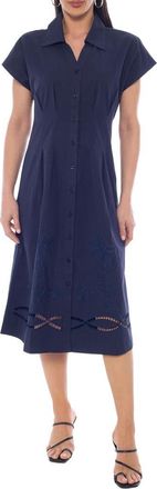 Tash And Sophie Embroidered Short Sleeve Midi Shirtdress in Navy at Nordstrom Rack, Size Medium
