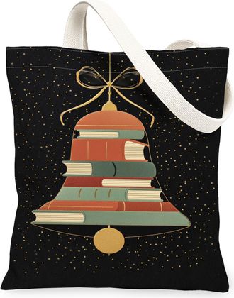 Generic Christmas Bell Canvas Tote Bags, Vintage Books Design Reusable Grocery Bags, Lightweight Washable Shoulder Strap Canvas for Holiday Travel Outdoor Pic