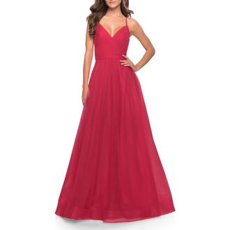 La Femme Long Tulle A-line Gown with Side Slit and Pockets in Red at Nordstrom, Size 10