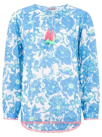 Zwillingsherz Shirtbluse ZWILLINGSHERZ Schmetterling, Damen, Gr. L/XL (L/XL), blau (mittelblau), Obermaterial: 100% Baumwolle, gemustert, loose fit h&uuml;ftlang, Serafi