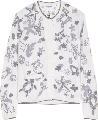 Thom Browne intarsia-knit cashmere cardigan - women - Silk/Cashmere - 42 - White