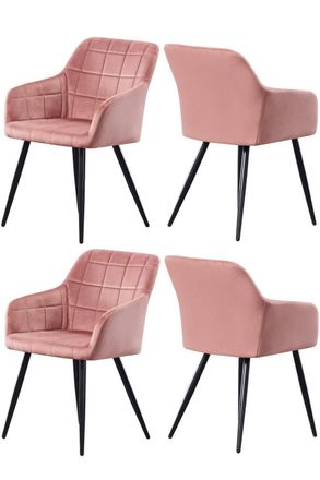 Life Interiors Set of 4 Camden Modern Velvet Dining Chairs with Armrests, Quilted Design & Black Metal Legs in Pink