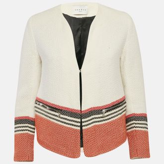 Sandro White Tweed Striped Hook Front Jacket
