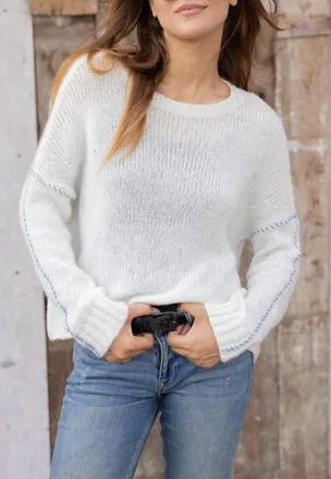Wooden Ships Topstitch Crewneck Chunky Sweater In Pure Snow/scandia Blue