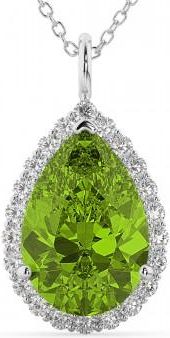 Allurez Halo Peridot & Diamond Pear Shaped Pendant Necklace 14k White Gold (5.19ct)