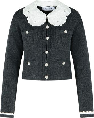 Self Portrait Gray Jeweled Button Wool Cardigan