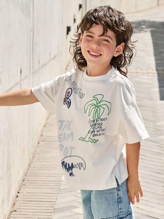 Vertbaudet T-Shirt mit Surfer-Print Jungen mit Recycling-Baumwolle wollwei&szlig;