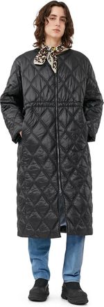 Ganni Long Sleeve Shiny Quilt Long Coat in Black Size Large/XL Nylon Womens