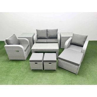 Fimous Light Grey pe Wicker Rattan Garden Furniture Set Sofa Set Reclining Adjustable Chair Oblong Coffee Table 7 Seater 3 Stools 2 Side Table - Fimous