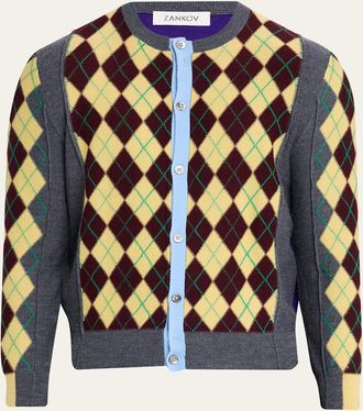 Zankov Mens Wool Argyle Color-Block Cardigan