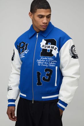 Boohooman Mens Boxy Fit Melton & PU Mixed Fabric Applique Varsity Jacket - Blue - Size X-Large