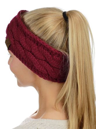 C.C Soft Stretch Winter Warm Cable Knit Fuzzy Lined Ear Warmer Headband, Burgundy, 1 Count (Pack of 1)