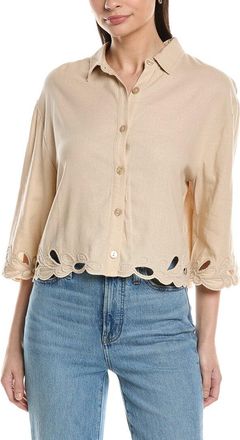 Ellen Tracy Embroidered Button Front Linen-Blend Shirt