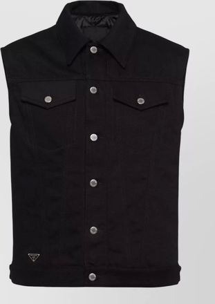 Prada denim sleeveless jacket straight collar pockets