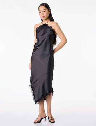 Koton Asymmetric Lace Trim Satin Slip Dress in Black at Nordstrom, Size 10