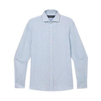 Brooks Brothers Slim Fit Linnen Overhemd met gespreide kraag - Heren - Casual Overhemden - Blauw - 2XL - Linnen - Overhemden