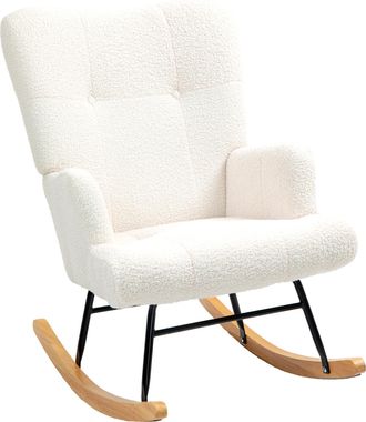 OEM Silla Mecedora De Borreguito Con Respaldo Capiton&eacute; Y Base De Madera De Caucho Para Sal&oacute;n O Dormitorio 65x88x87 Cm Crema